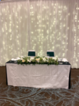 Green top table and light back drop for an emerald wedding anniversary 