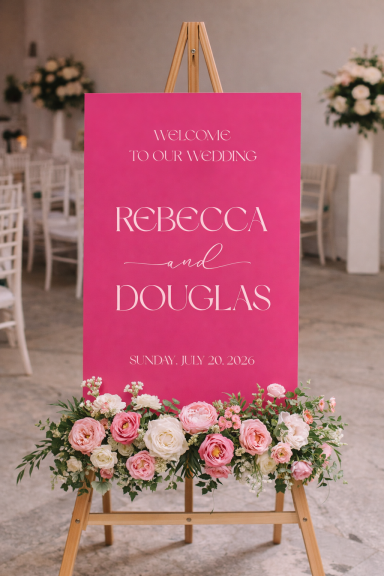 A pink wedding sign with the names Rebecca and Douglas, decorated with flowers.